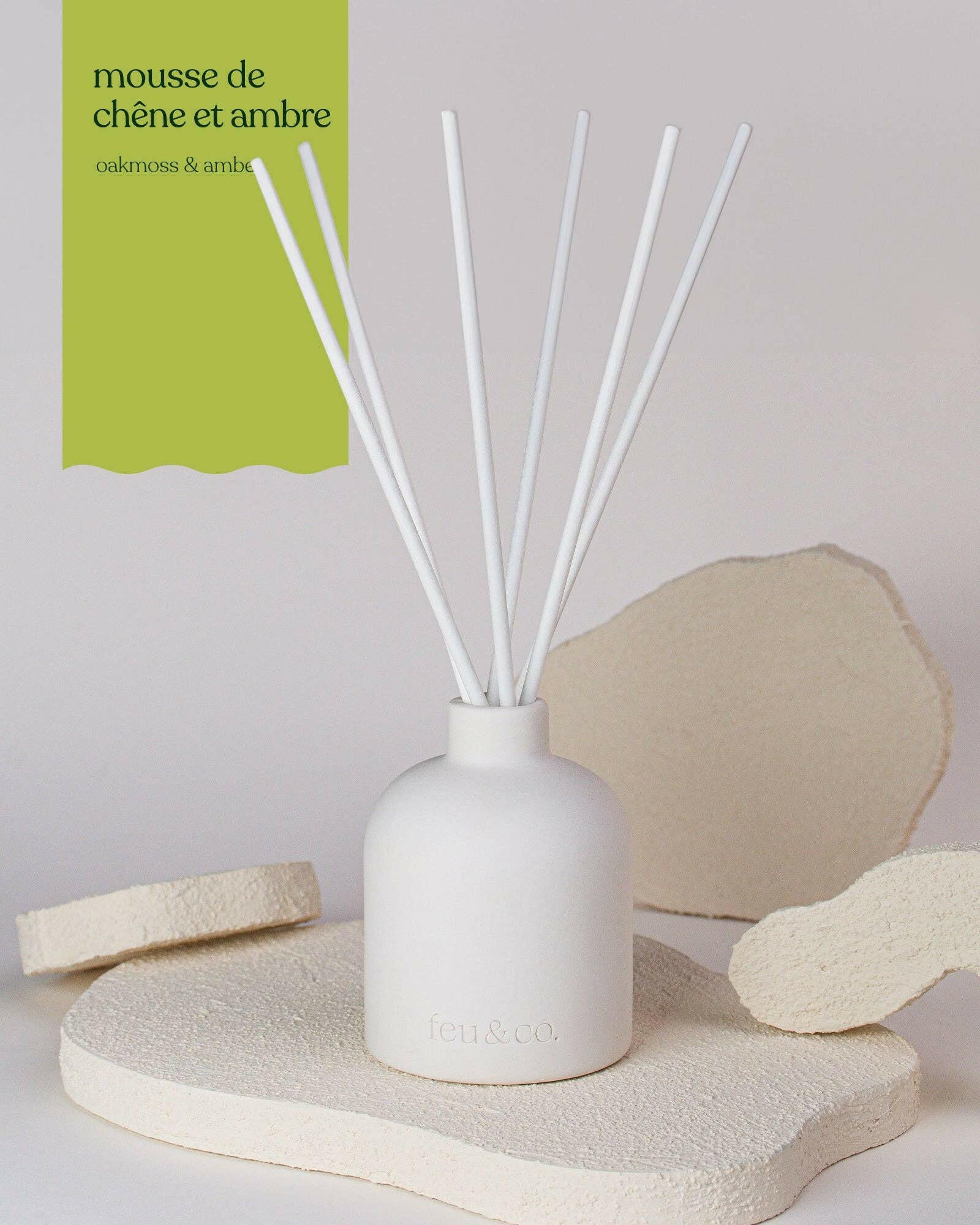 Feu & Co. – Diffuseur à roseaux – Mousse de chêne & ambre | Ensemble de départ 160 ml - Maison et ambiance | Ma Boutique Aromatique.