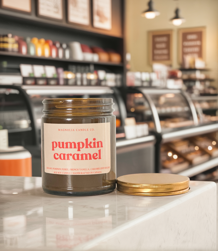 Citrouille Caramel - Bougie d'Automne - Pot Ambre 8oz - Bougies et cires | Ma Boutique Aromatique.