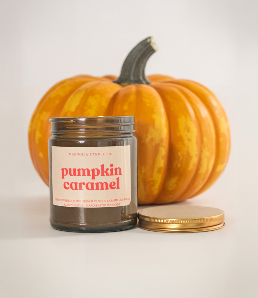 Citrouille Caramel - Bougie d'Automne - Pot Ambre 8oz - Bougies et cires | Ma Boutique Aromatique.