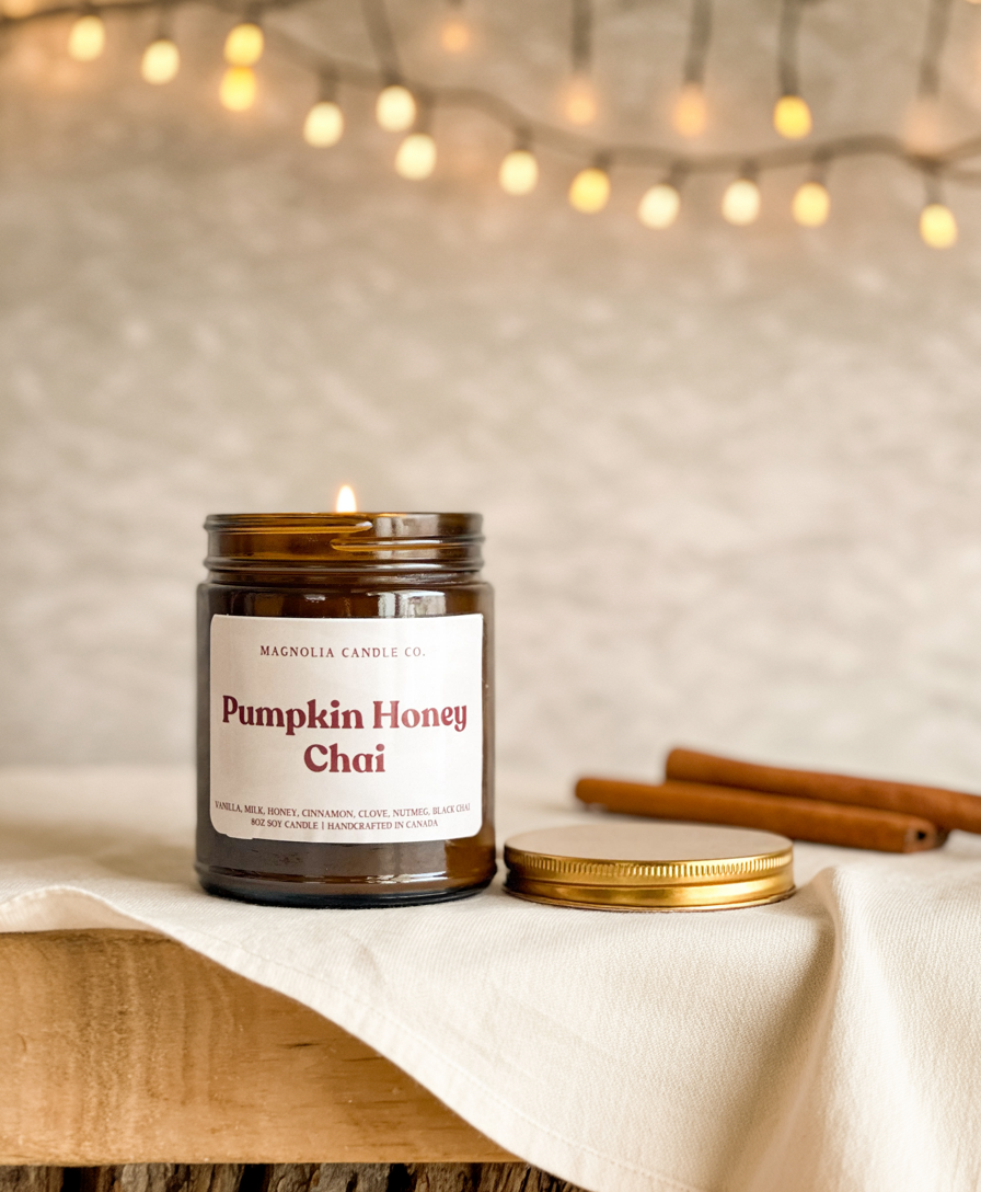 Chai au miel de citrouille - Bougie d'automne - Pot transparent 8oz - Bougies et cires | Ma Boutique Aromatique.