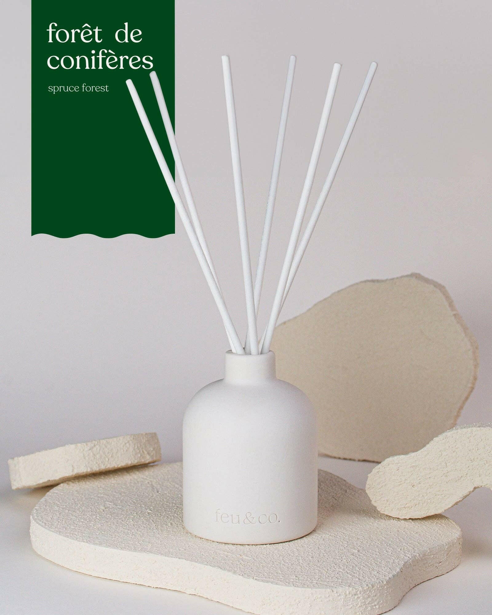 Feu & Co. – Diffuseur à roseaux – Forêt de conifères | Ensemble de départ 160 ml - Maison et ambiance | Ma Boutique Aromatique.