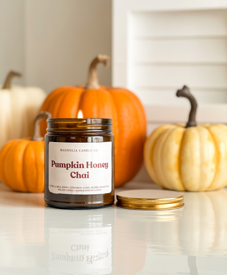 Chai au miel de citrouille - Bougie d'automne - Pot transparent 8oz - Bougies et cires | Ma Boutique Aromatique.